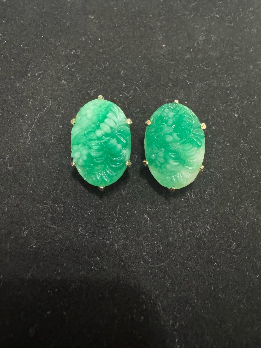 Vintage Green  Carved Peking Glass Clop On Earrings.